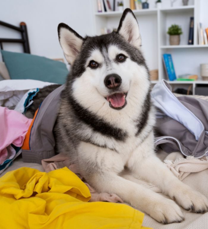 Dog making a mess with clothes  at home